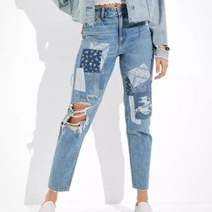 NEW American Eagle Patched Mom Straight Jean, High Waisted Denim, Sz 12 Long